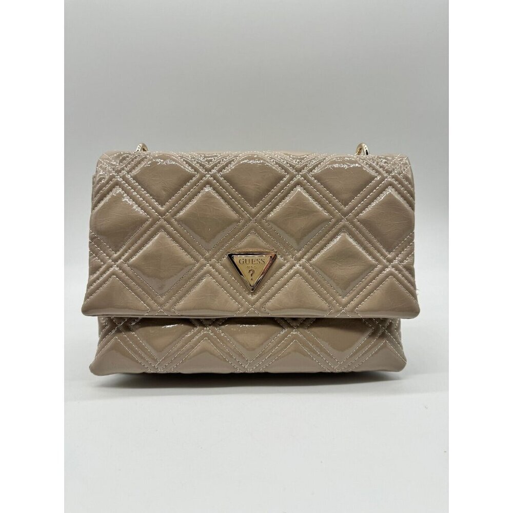 GUESS Deesa patent faux-leather convertible shoulder crossbody -Taupe DEFECTIVE